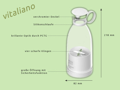 vitaliano Mixer Smoothie Maker to go, 350 ml, deutsche Anleitung, kabellos tragbar in Flaschenform & USB Ladestation für frische Smoothies, Babynahrung beim Picknick, Sport, Urlaub oder im Büro - Bild 2