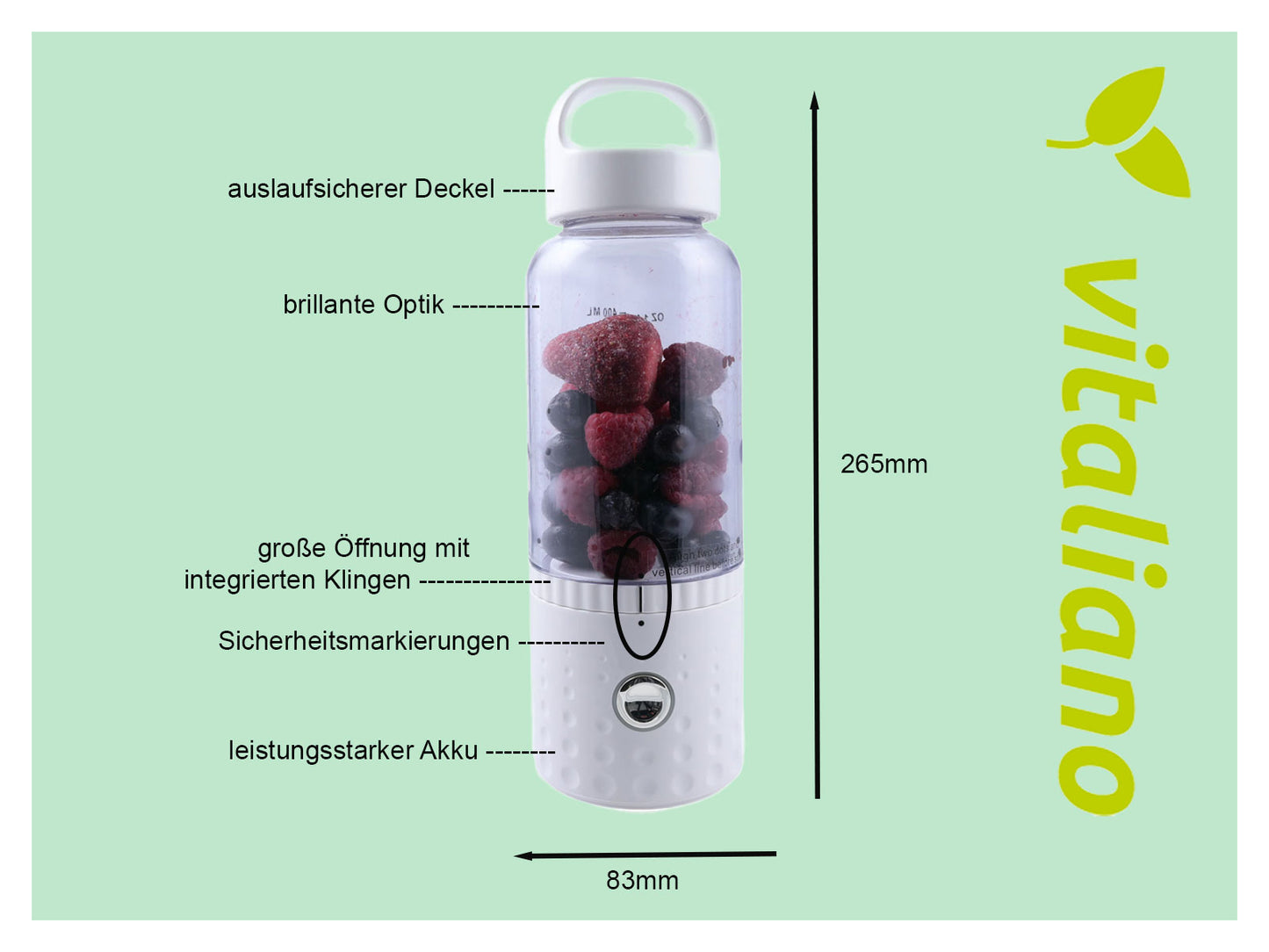 vitaliano tragbarer Smoothie Maker to go, 500ml, wechselbare Flasche, USB, spülmaschinenfest, leichter Mixer für Frische unterwegs, dt. Anleitung - Bild 4