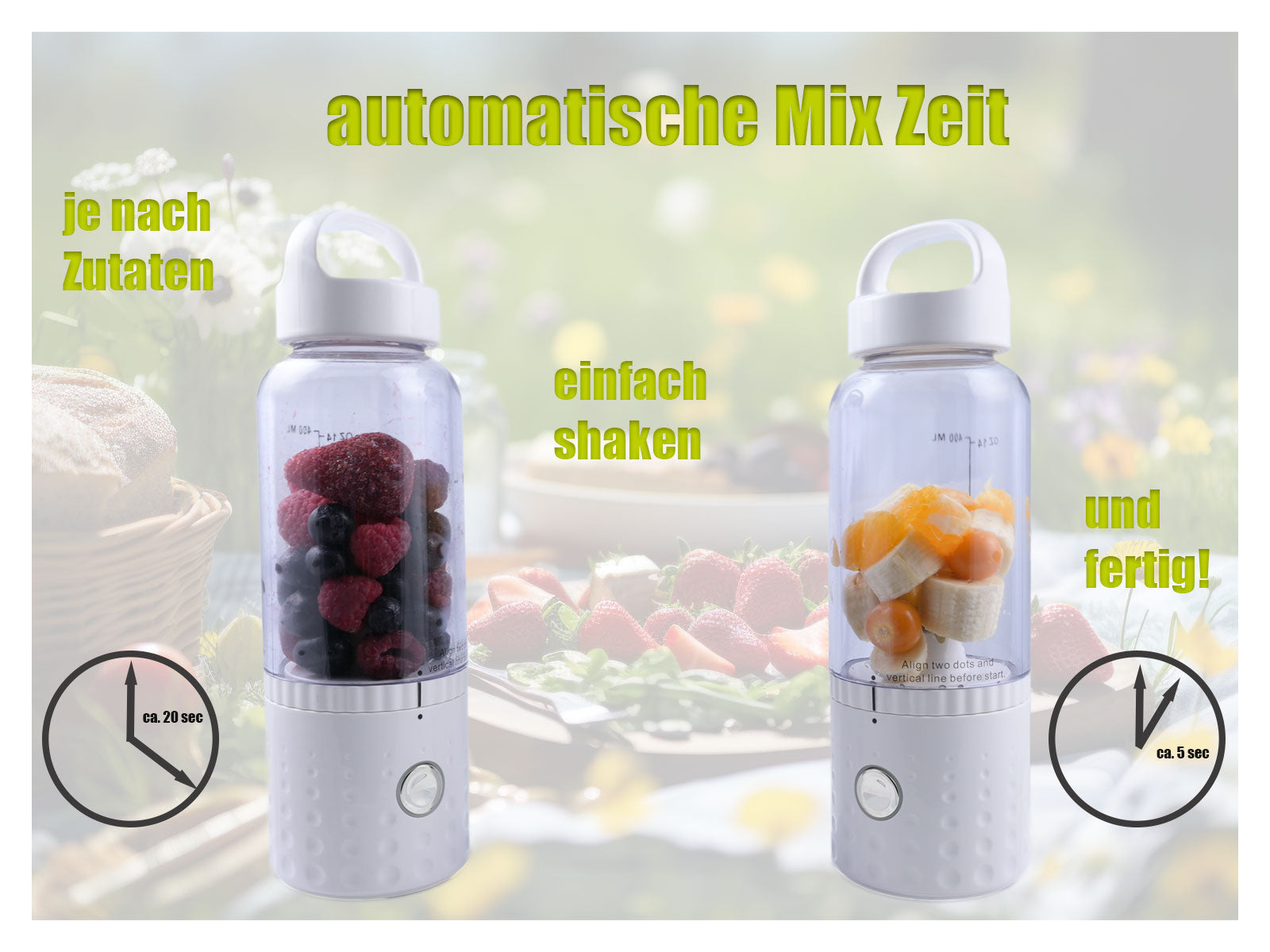 vitaliano tragbarer Smoothie Maker to go, 500ml, wechselbare Flasche, USB, spülmaschinenfest, leichter Mixer für Frische unterwegs, dt. Anleitung - Bild 5